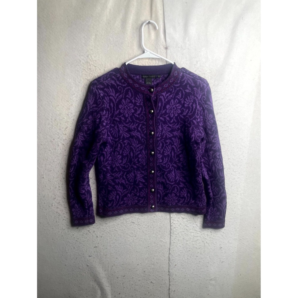 Nomadic Traders Cardigan Sweater Womens Small Purple Floral Cotton Ramie Knit